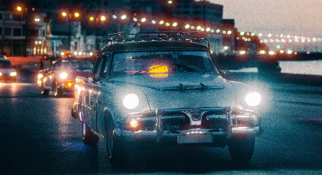 Film halation example — London cab at night